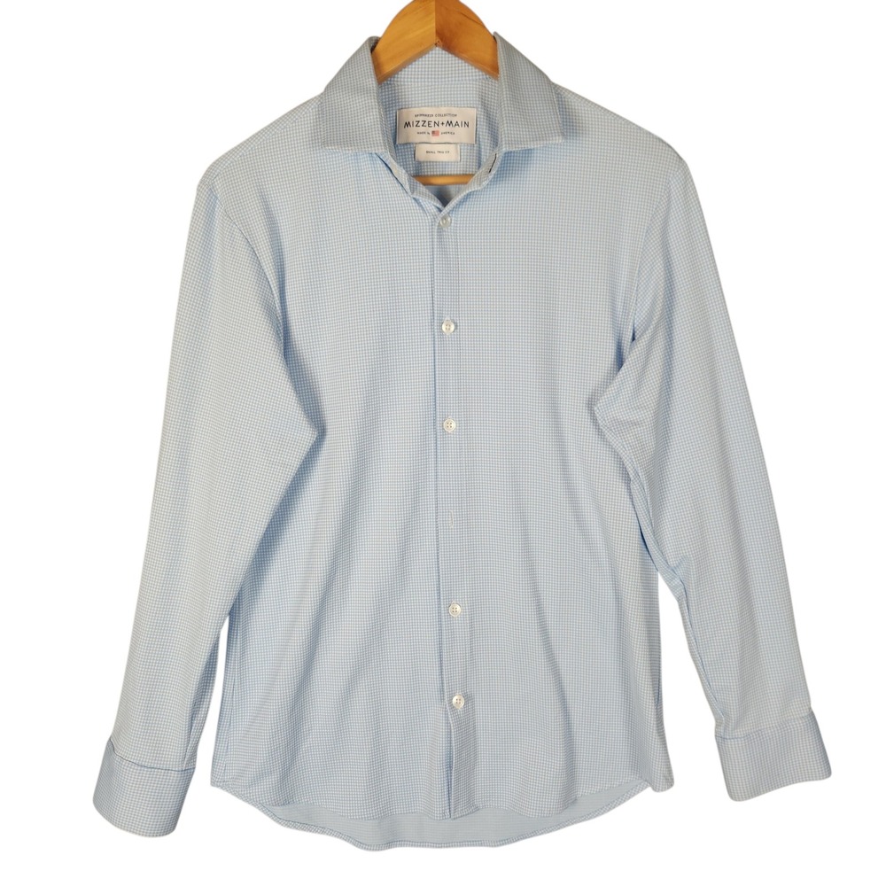 Mizzen+Main Button Down Shirt Men's Small Trim Fit Light Blue Gingham Spinnaker